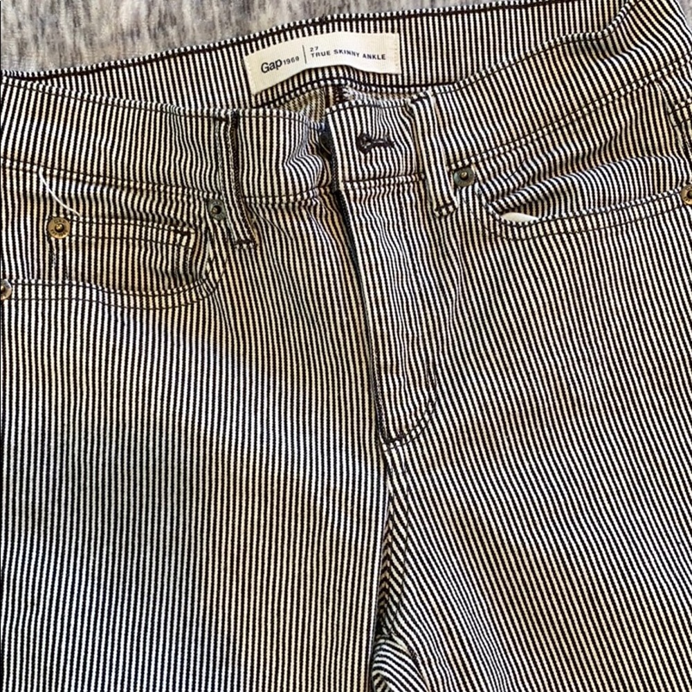 Black and white railroad stripe stretch jeans